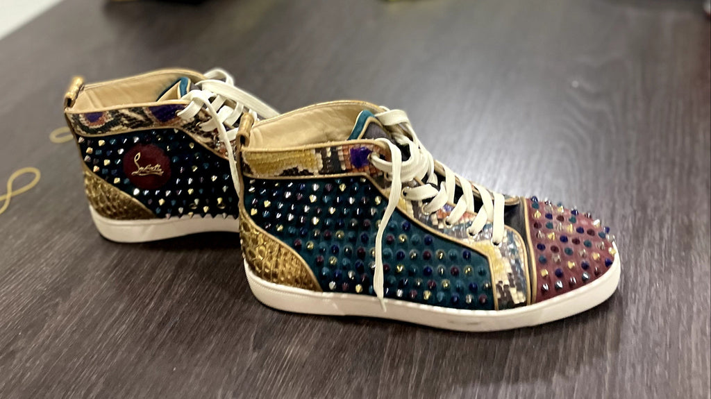 Christian Louboutin Luxury Studded Patchwork High-Top Sneake