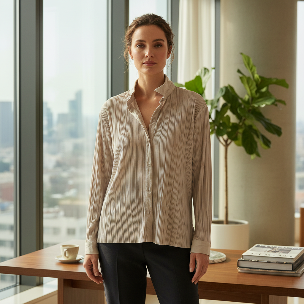 Women's Light Grey Plissé Pleated Button-Up Shirt