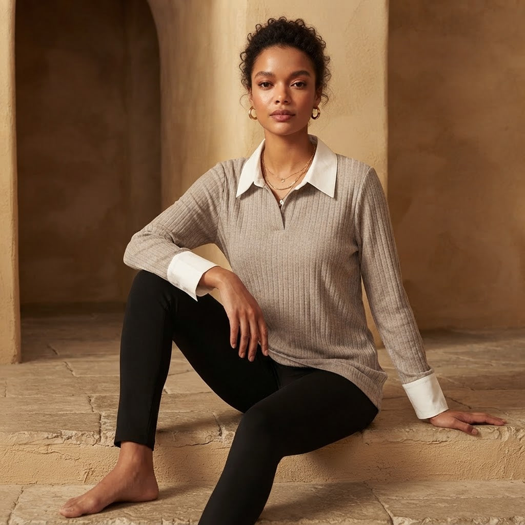 SHEIN Greige Ribbed Knit Pullover with Contrast White Collar