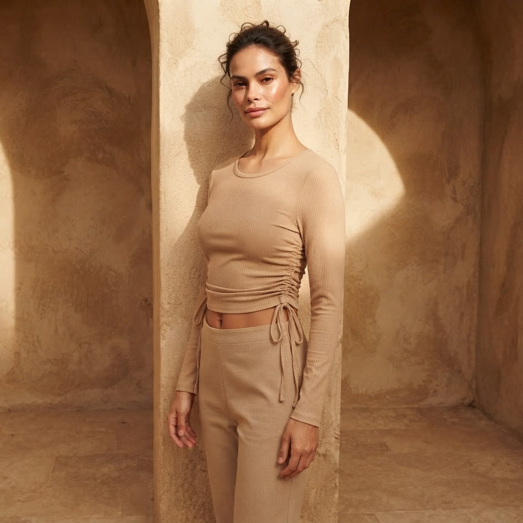 SHEIN Sandy Beige Ribbed Long-Sleeve Cropped Top with Side R