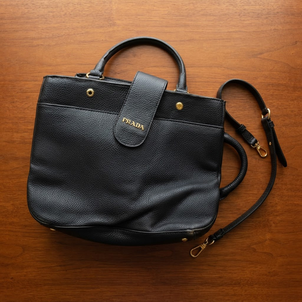 PRADA PRADA Black Grained Leather Top-Handle Tote