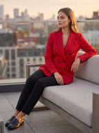 [WearU Generated:campaign_2] Bright Red Fitted Double-Breasted Tailored Blazer – campaign 2