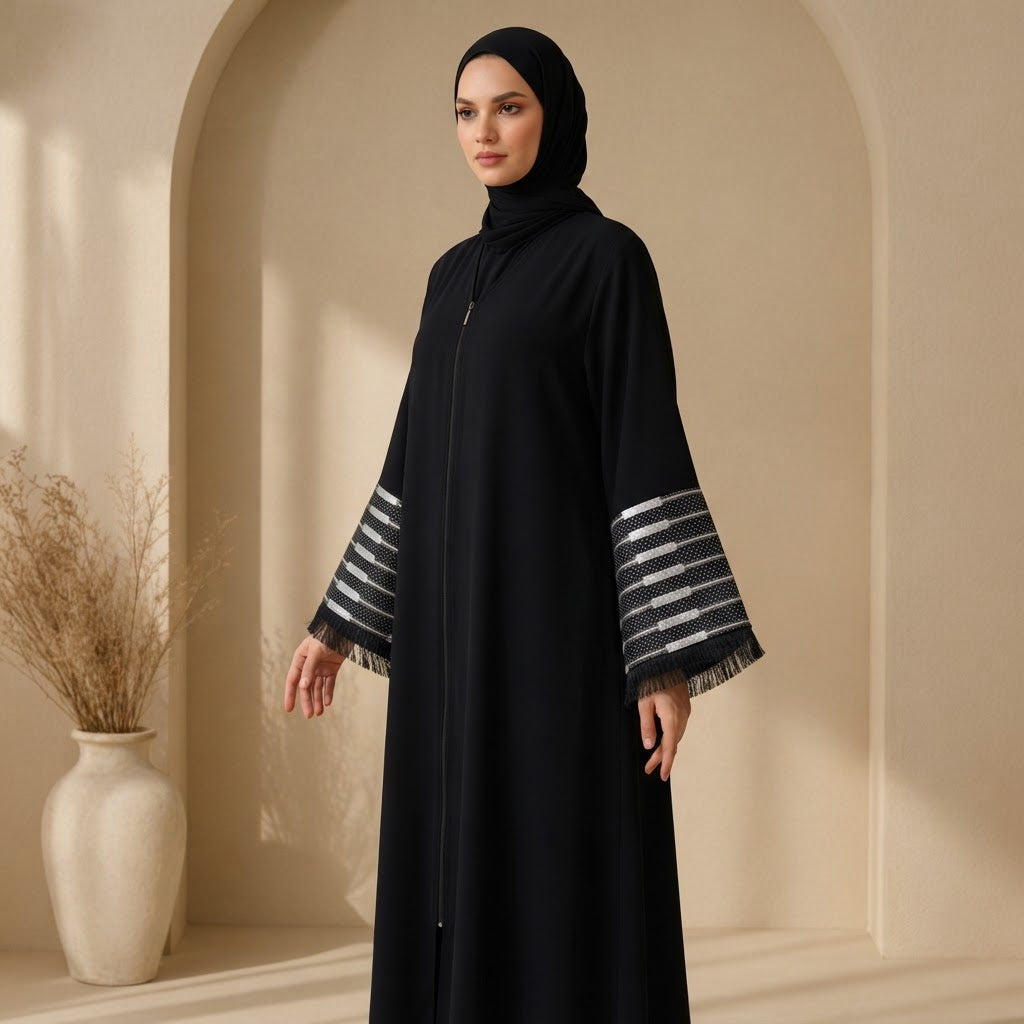 ASALA Deep Navy Zip-Front Abaya with Decorative Fringe Cuffs