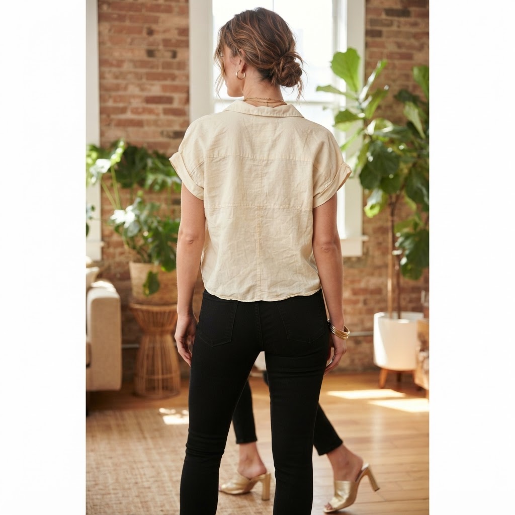 ZARA Women's Cream Linen-Blend Short Sleeve Button-Down Shir