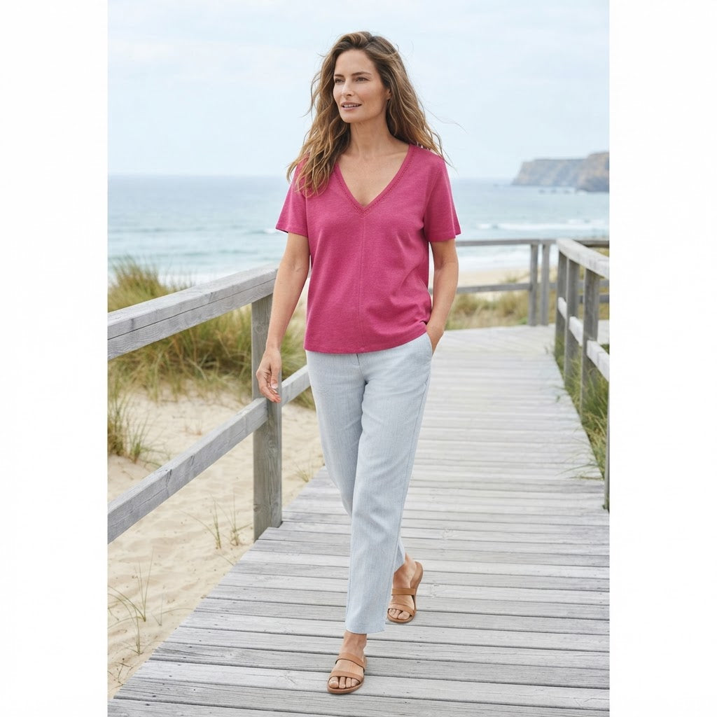 [WearU Generated:campaign_1] Cortefiel Fuchsia Linen Blend Straight V-Neck Top – side view