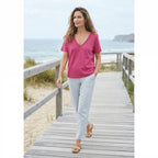 [WearU Generated:campaign_1] Cortefiel Fuchsia Linen Blend Straight V-Neck Top – side view