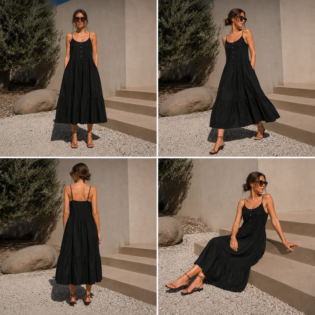 Esmara Black Tiered Lyocell Camisole Midi Dress UK 12