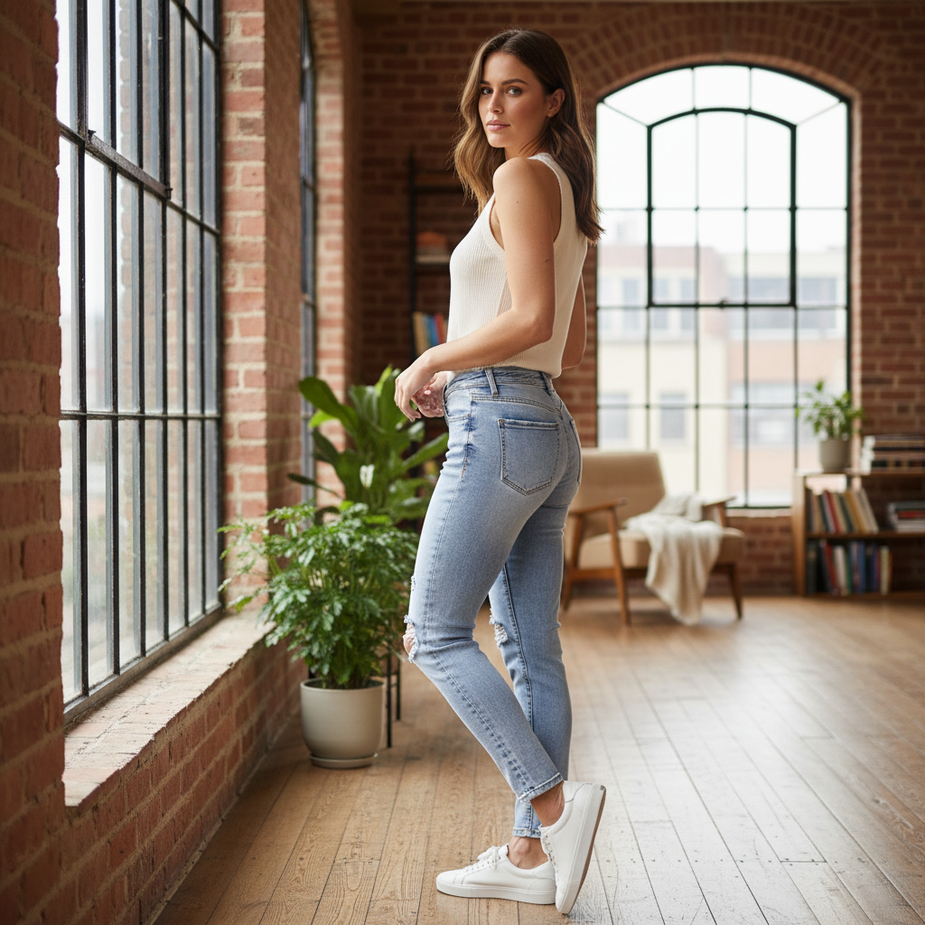 Women's Light Blue Distressed Acid Wash Slim-Fit Jeans
