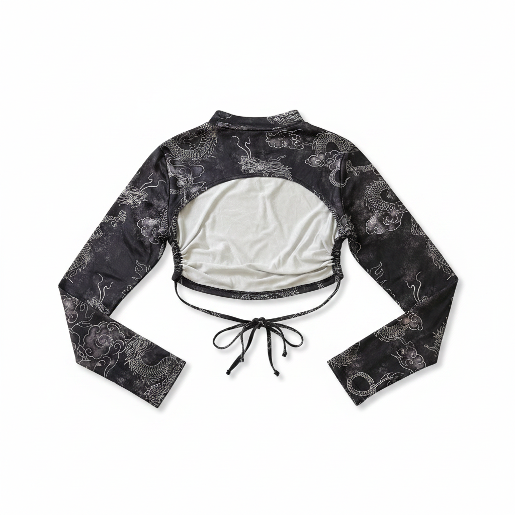 Women's Black Dragon Print Ruched Tie Crop Top