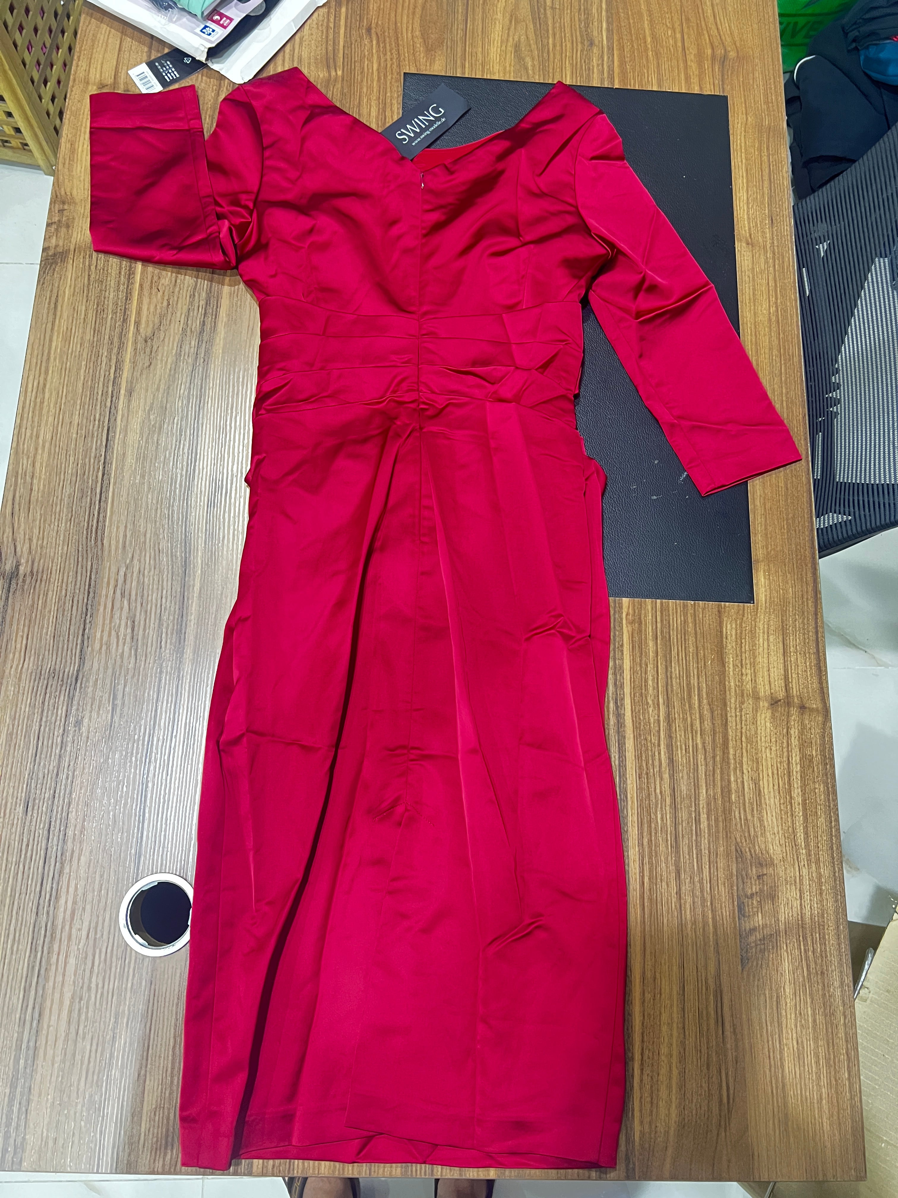SWING Wine Red Satin Fit-and-Flare Midi Dress with Panelled