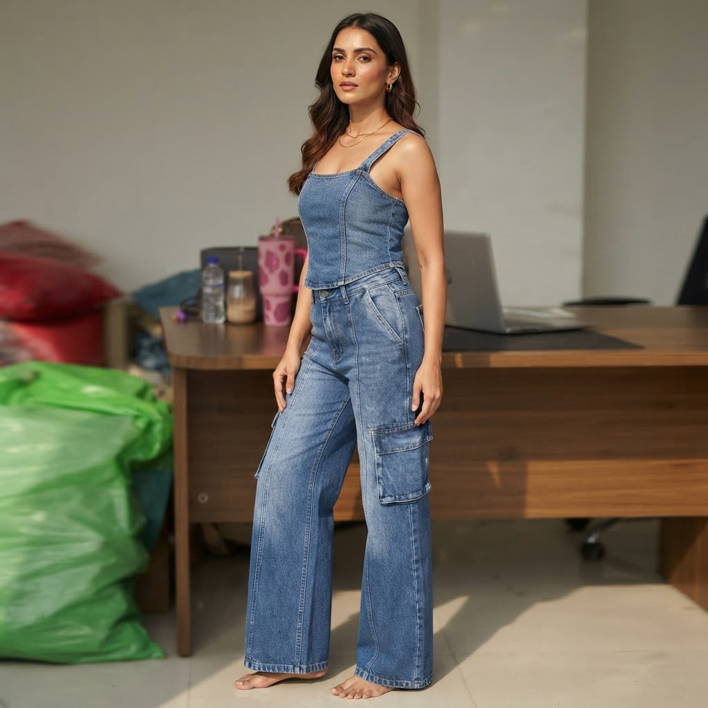 Splash Splash Medium Blue Wide-Leg Cargo Jeans with Front Se