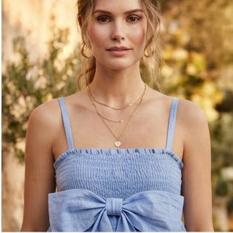 Blue Smocked Bow Tiered Sleeveless Summer Top