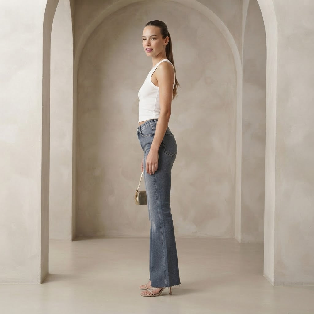 Bershka Bershka Mid-Washed Blue Long Flare Jeans with Raw He
