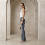 Bershka Bershka Mid-Washed Blue Long Flare Jeans with Raw He