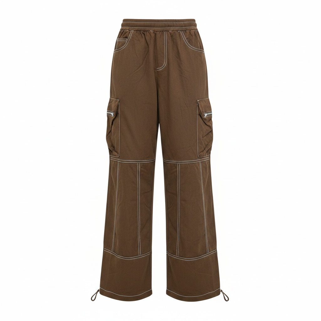 Women's Brown Wide Leg Cargo Pants with Contrast Stitching