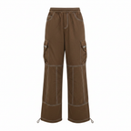 Women's Brown Wide Leg Cargo Pants with Contrast Stitching