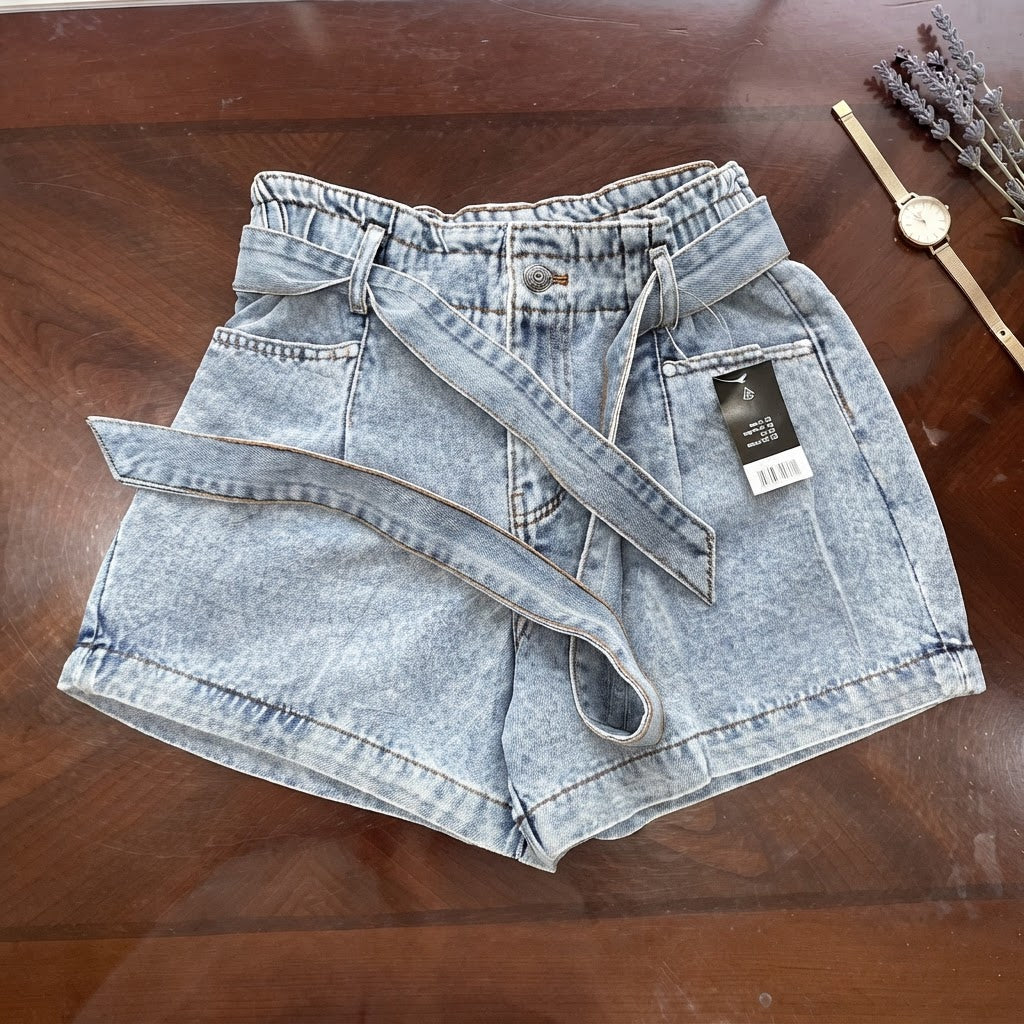 Light Wash High-Waisted Denim Shorts with Self-Tie Belt