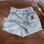 Light Wash High-Waisted Denim Shorts with Self-Tie Belt