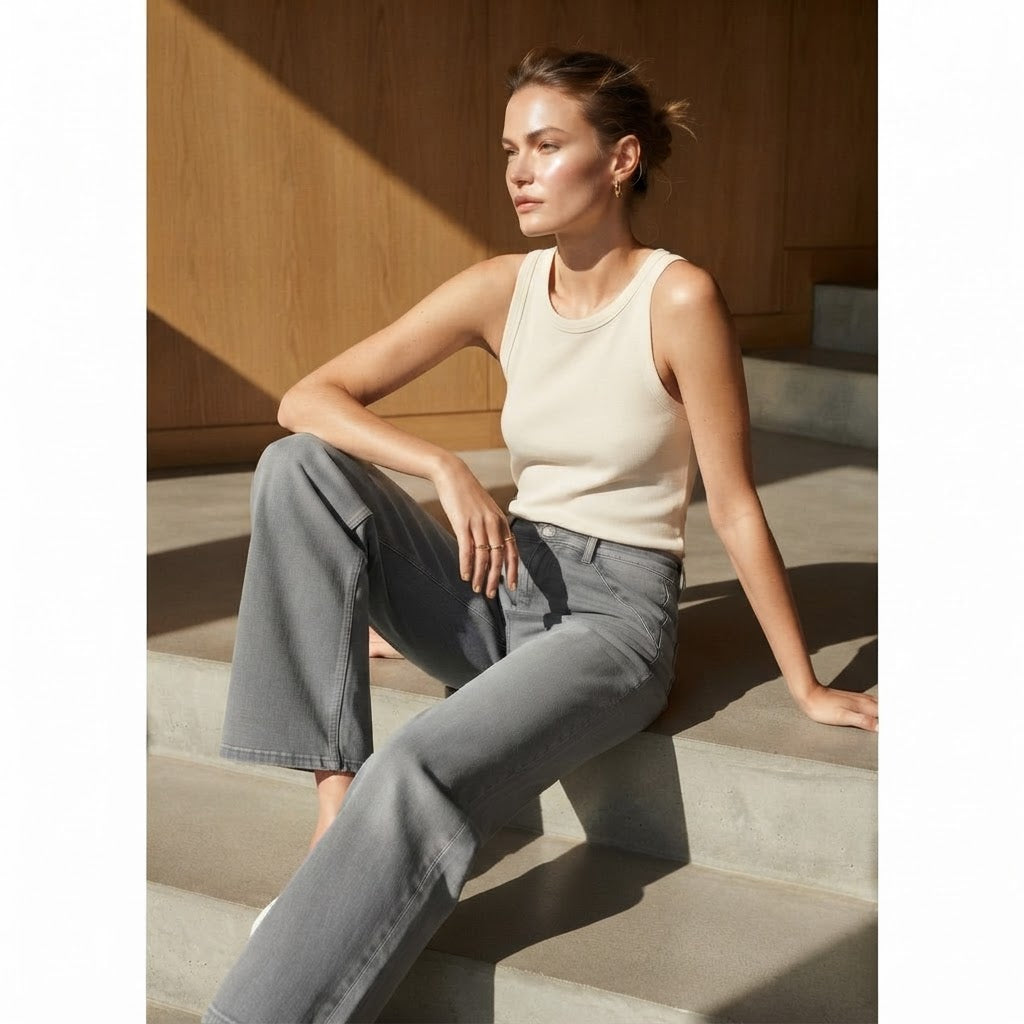 Mango Medium Grey Wide Leg Jeans with Curved Waistband