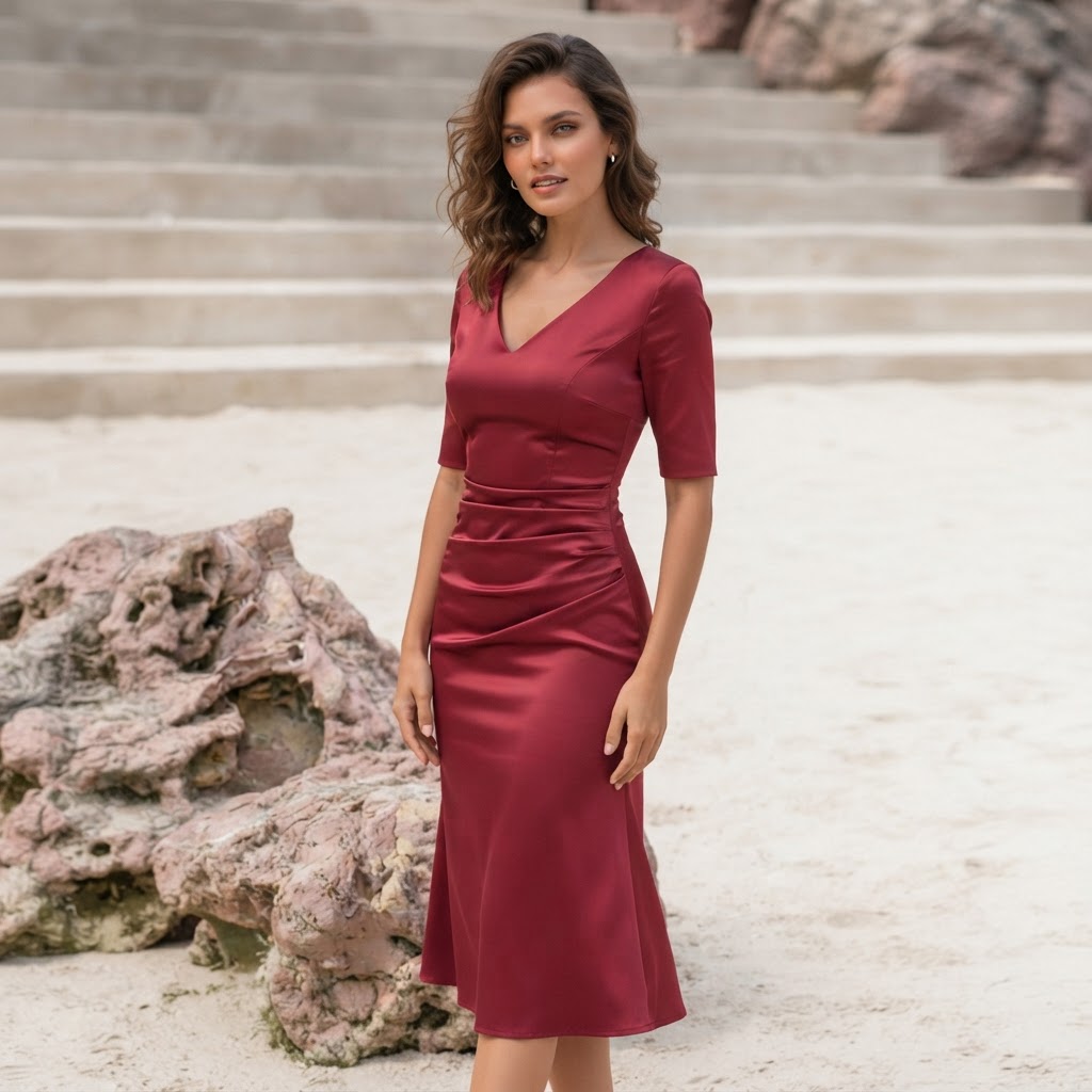 SWING Wine Red Satin Fit-and-Flare Midi Dress with Panelled