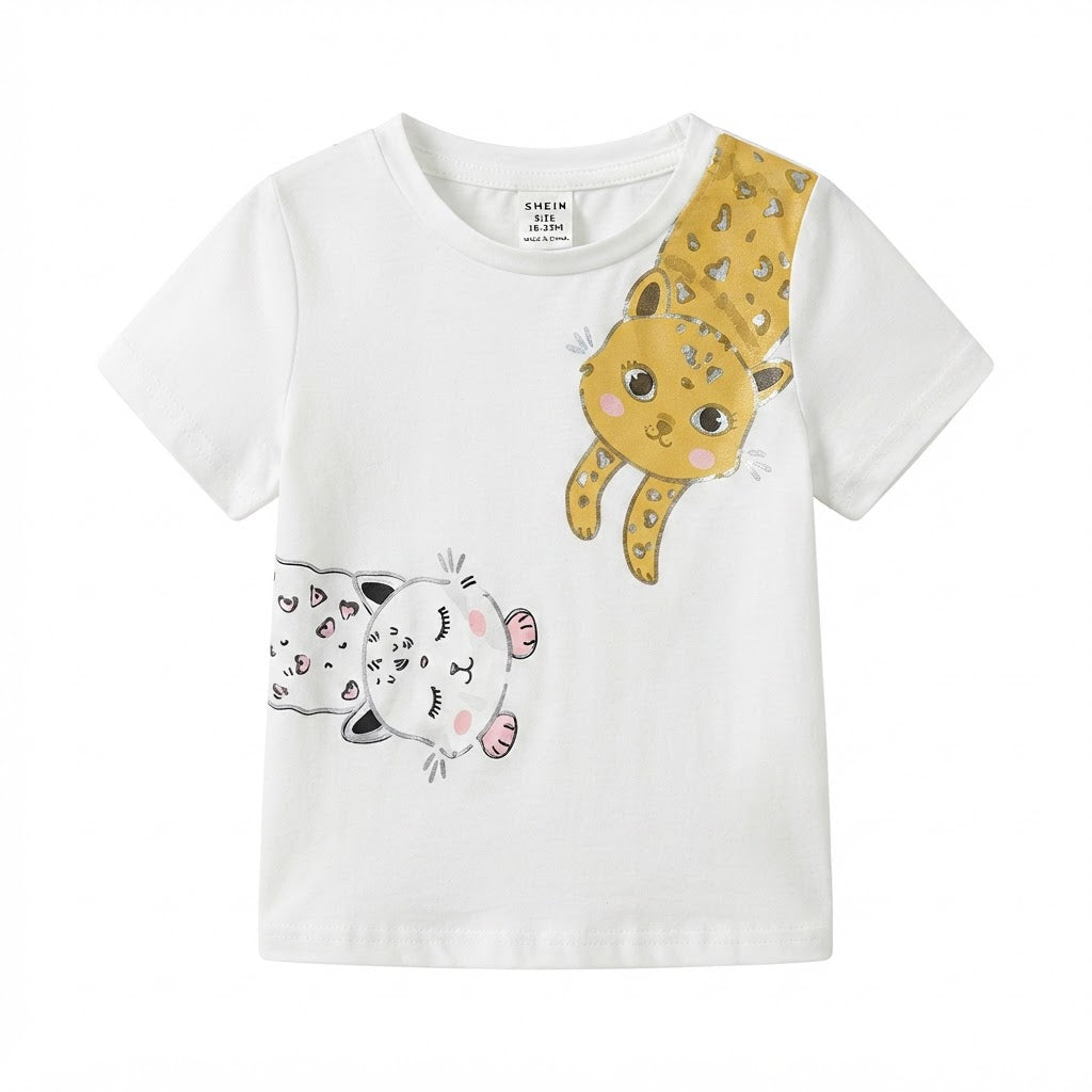 SHEIN White Short-Sleeve Kawaii Animal Graphic T-Shirt
