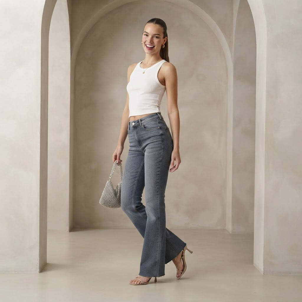 Bershka Bershka Mid-Washed Blue Long Flare Jeans with Raw He