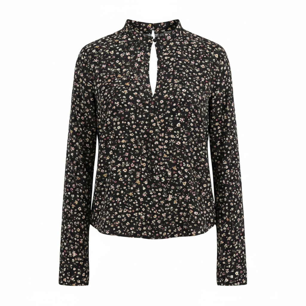 Bershka BSK Girl Black Floral Ruffle Neck Long Sleeve Top