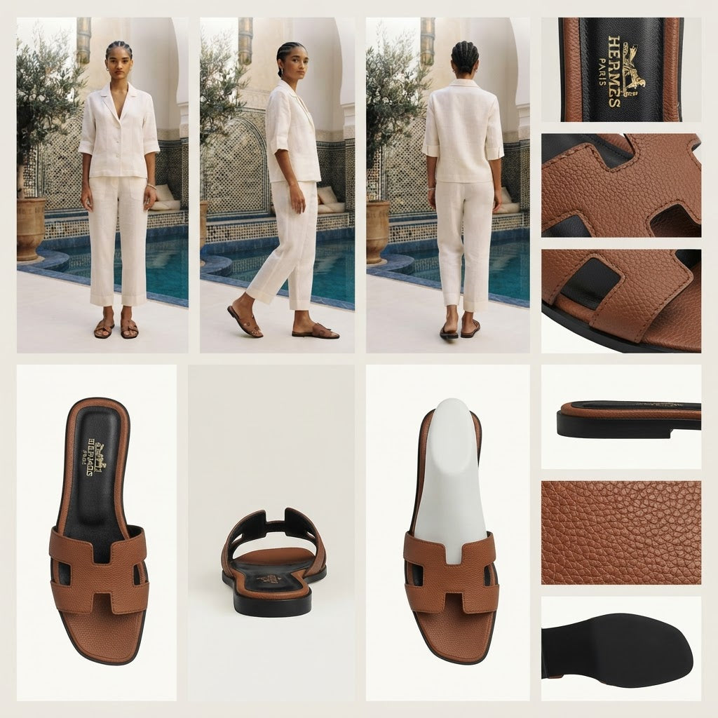 HERMÈS Brown Pebbled Leather H-Strap Flat Sandals