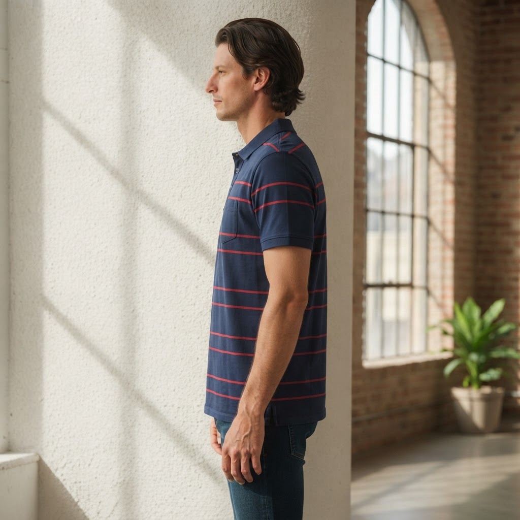 ANKO Navy Blue and Red Striped Men's Polo Shirt with Pocket