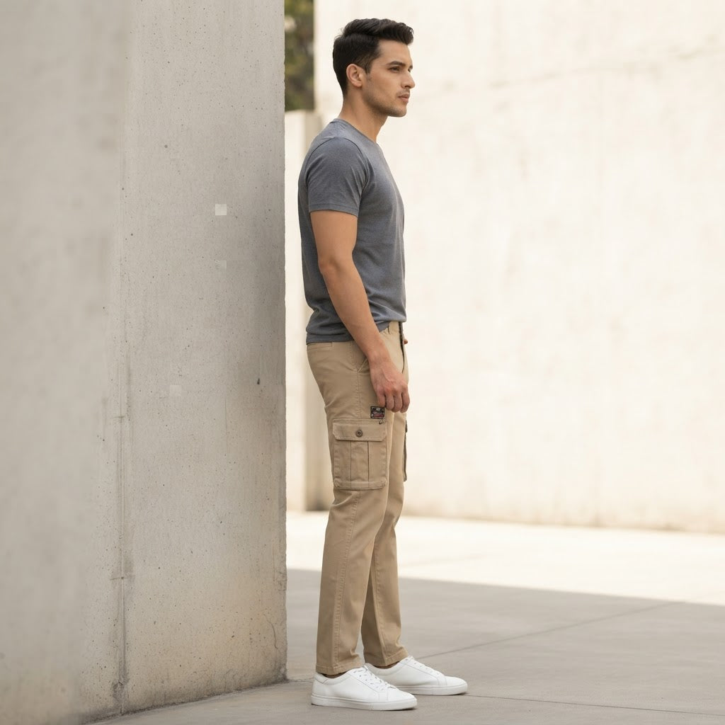 FINEROSE VIP Khaki Slim Fit Multi-Pocket Cargo Trousers