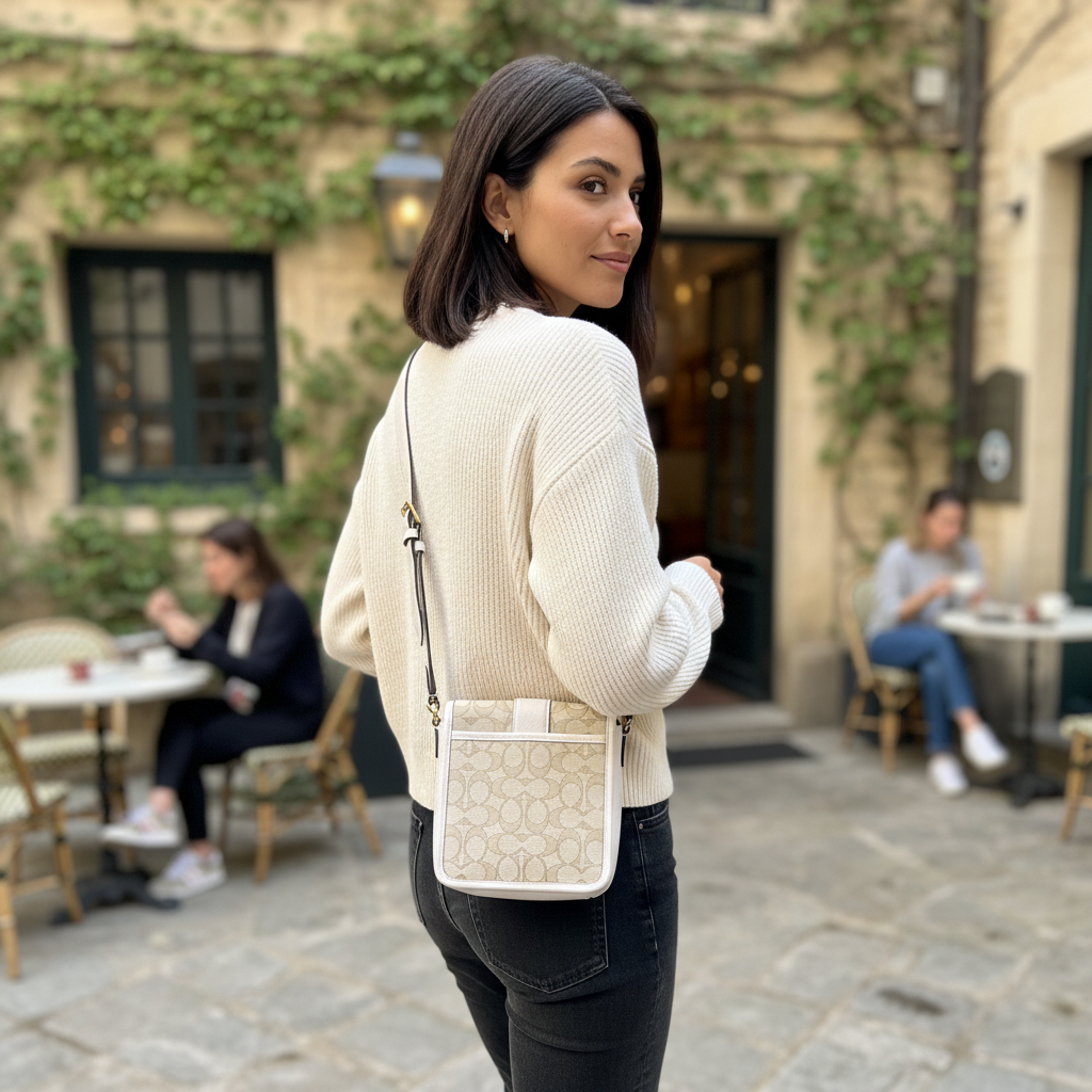 COACH Signature Monogram Canvas Crossbody Bag in Beige