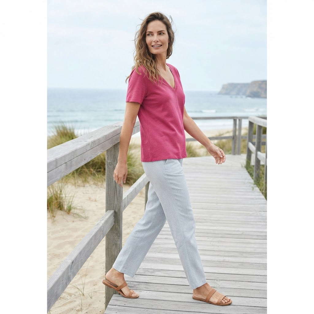 [WearU Generated:campaign_3] Cortefiel Fuchsia Linen Blend Straight V-Neck Top – back view