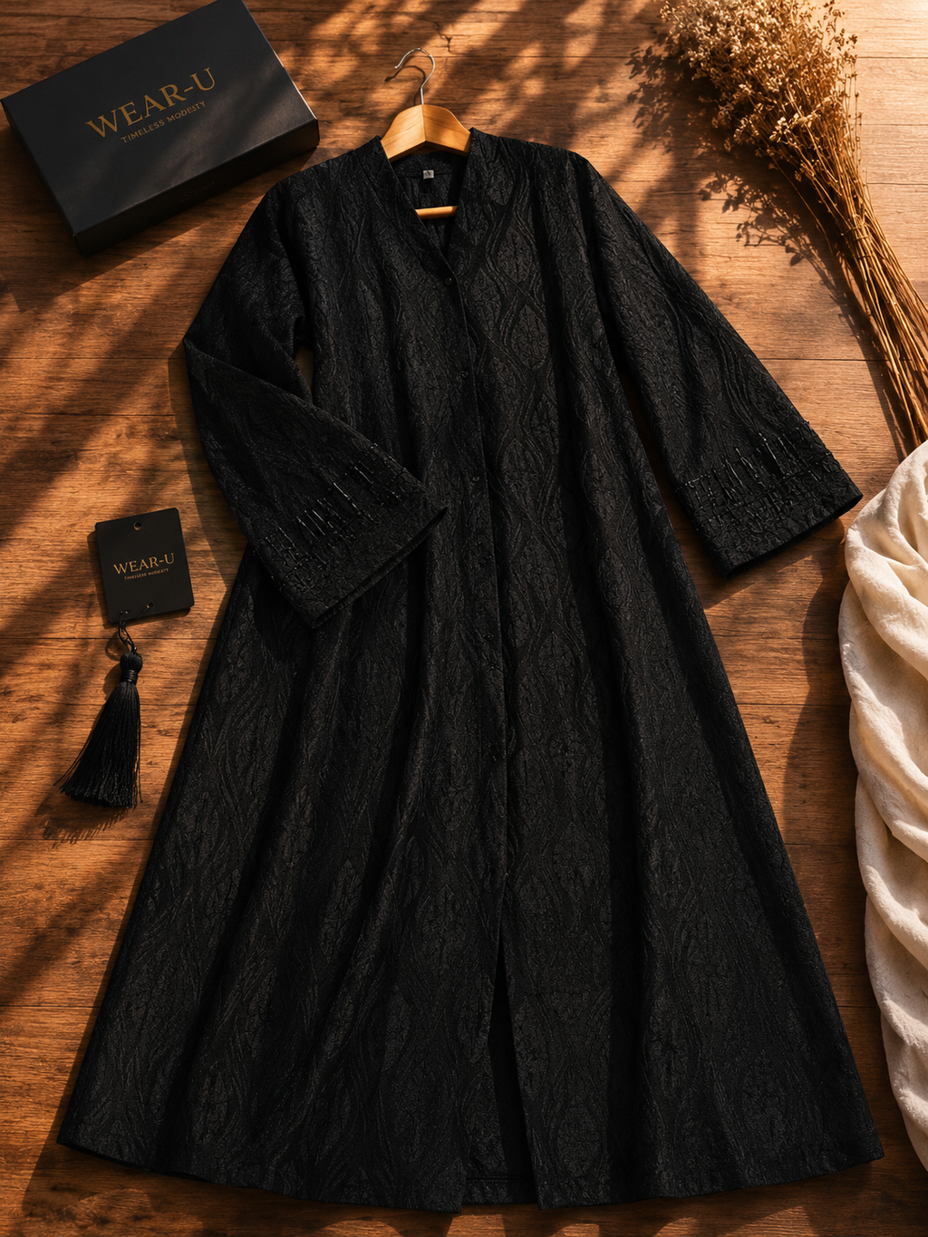 Luxury Jet Black Botanical Jacquard Full Length Abaya
