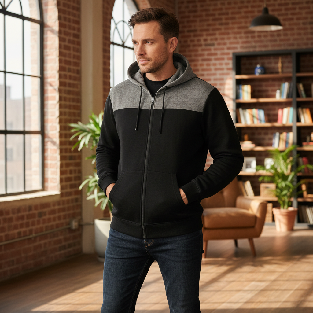 Livergy Men's Colorblock Zip-Up Hoodie - Black and Gray
