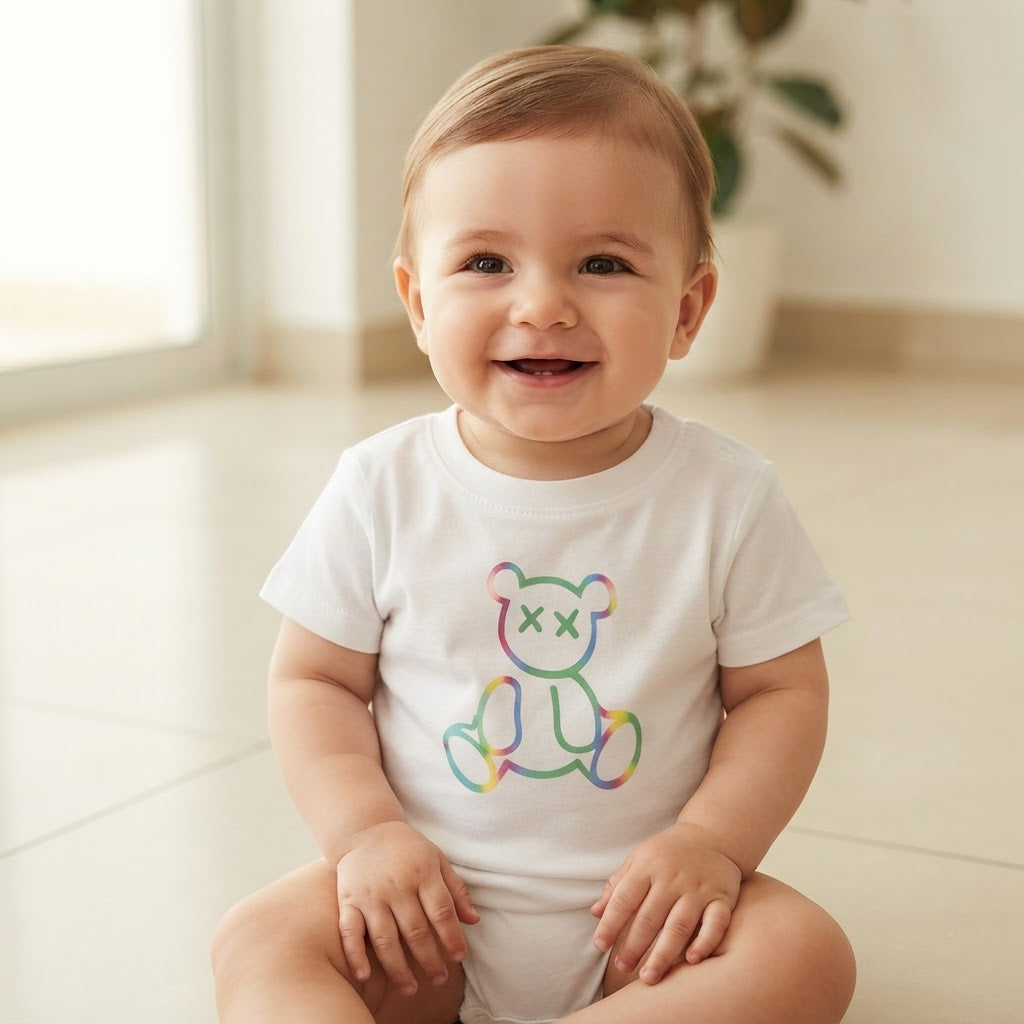 SHEIN White Infant T-Shirt with Rainbow Outline Bear Graphic