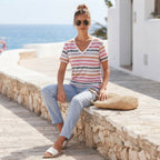 Emery Rose Emery Rose Multi-Stripe V-Neck Short Sleeve Relax