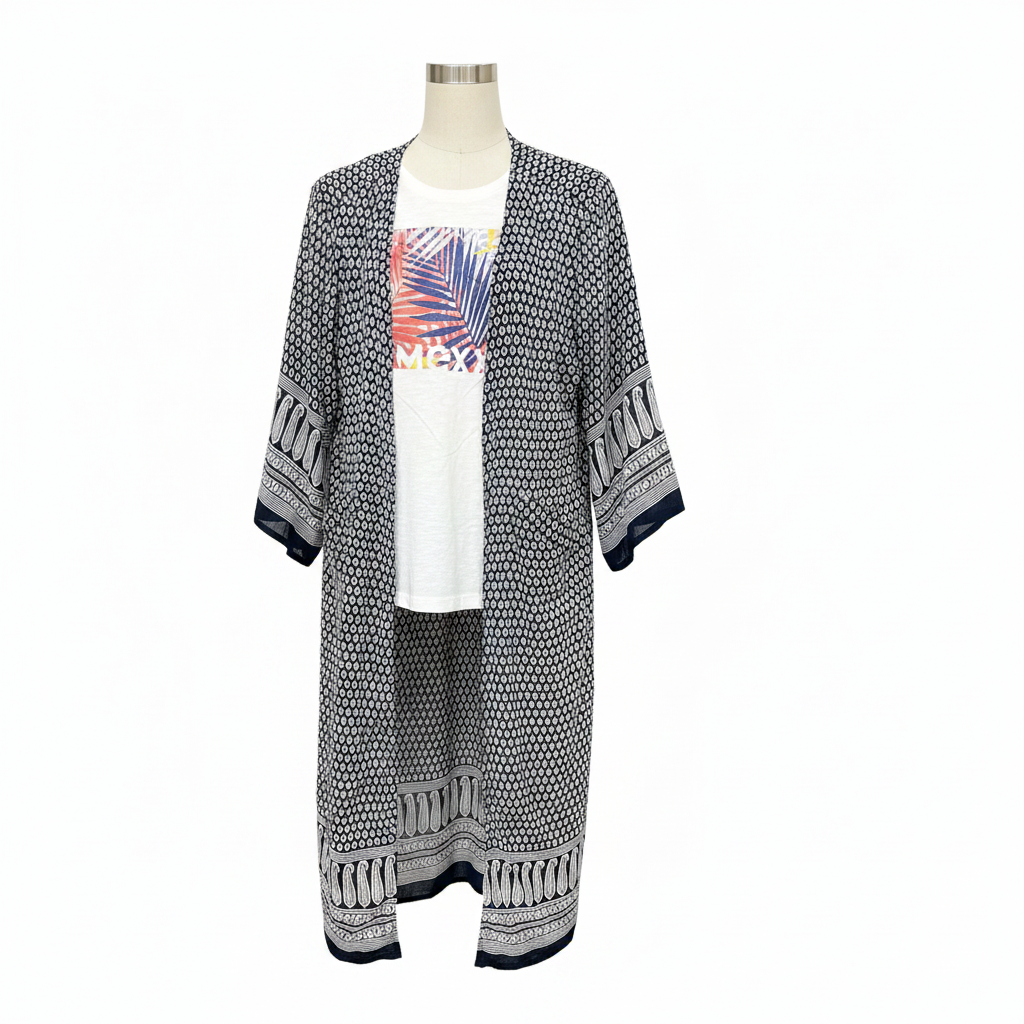 Women's Navy and White Printed Longline Kimono