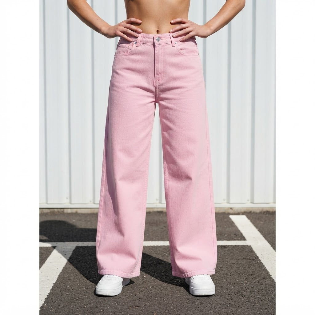 PrettyLittleThing Baby Pink Wide Leg Denim Jeans - Contempor