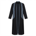Black Open-Front Bisht Robe with Blue Jacquard Panels