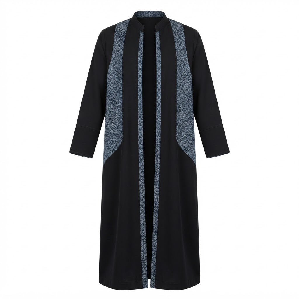 Black Open-Front Bisht Robe with Blue Jacquard Panels