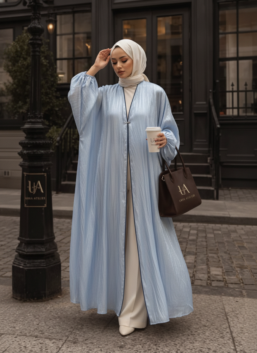 Powder Blue Crinkle Organza Floor-Length Abaya Dress