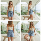 Light Wash High-Waisted Denim Shorts with Self-Tie Belt