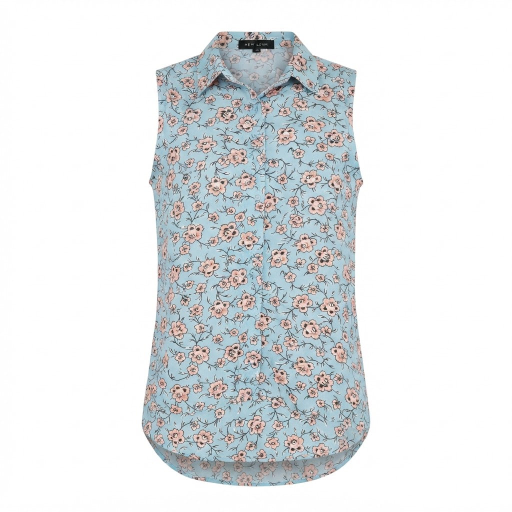 Women's Light Blue Floral Sleeveless Button-Up Blouse