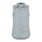 Women's Light Blue Floral Sleeveless Button-Up Blouse