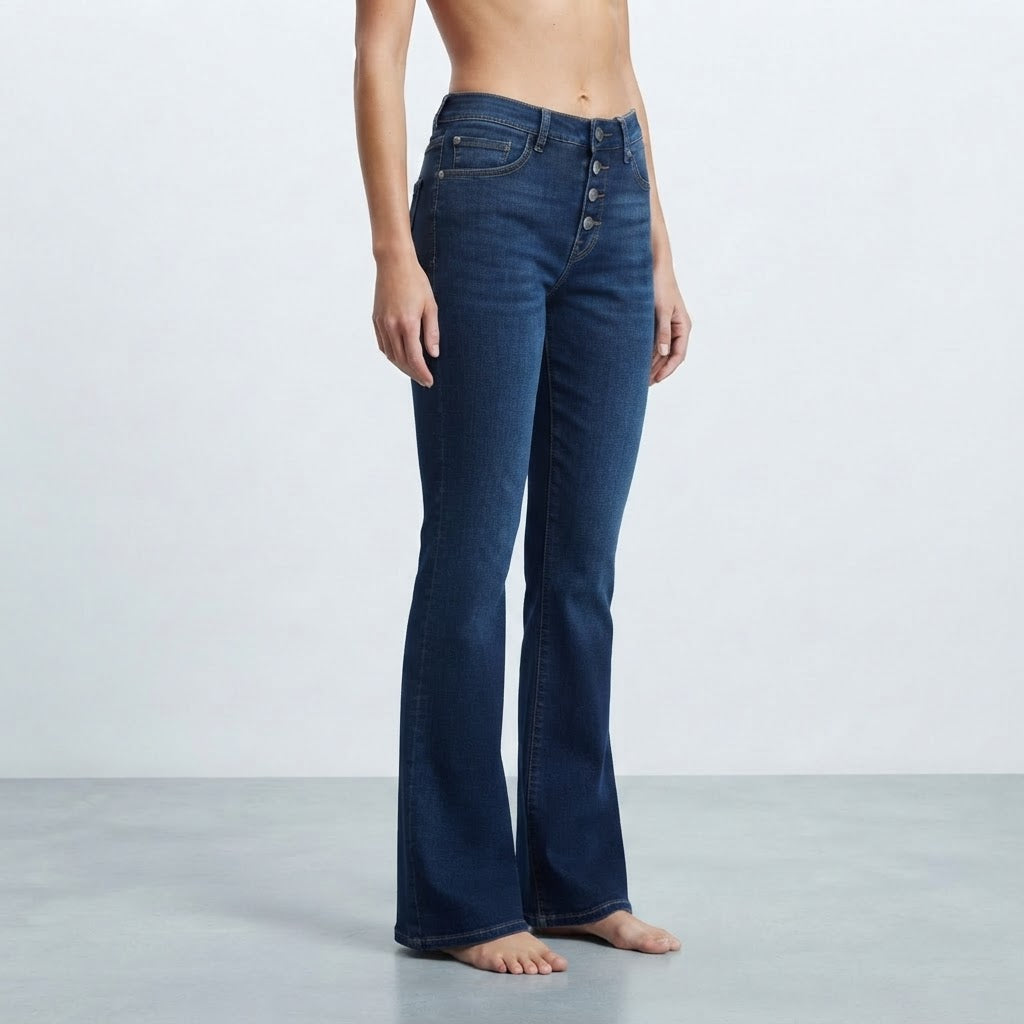 QS QS Dark Indigo Flared Denim Jeans with Button Fly