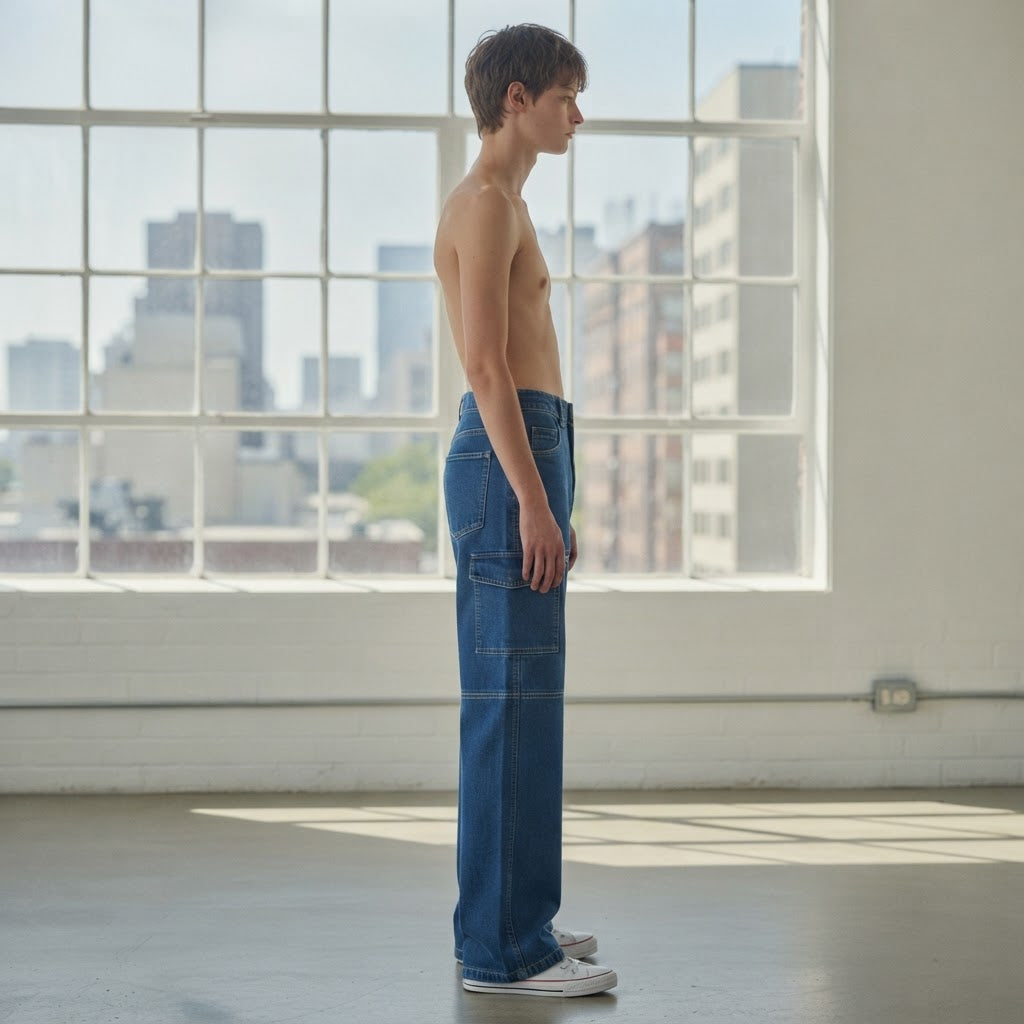 off-white Medium Blue Wide Leg Cargo Denim Jeans with Contra