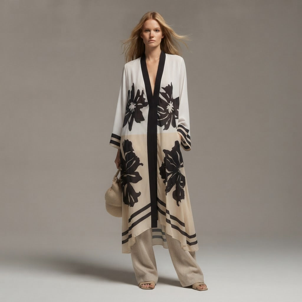 JOMANA White and Navy Floral Graphic Long Sleeve Tunic Dress