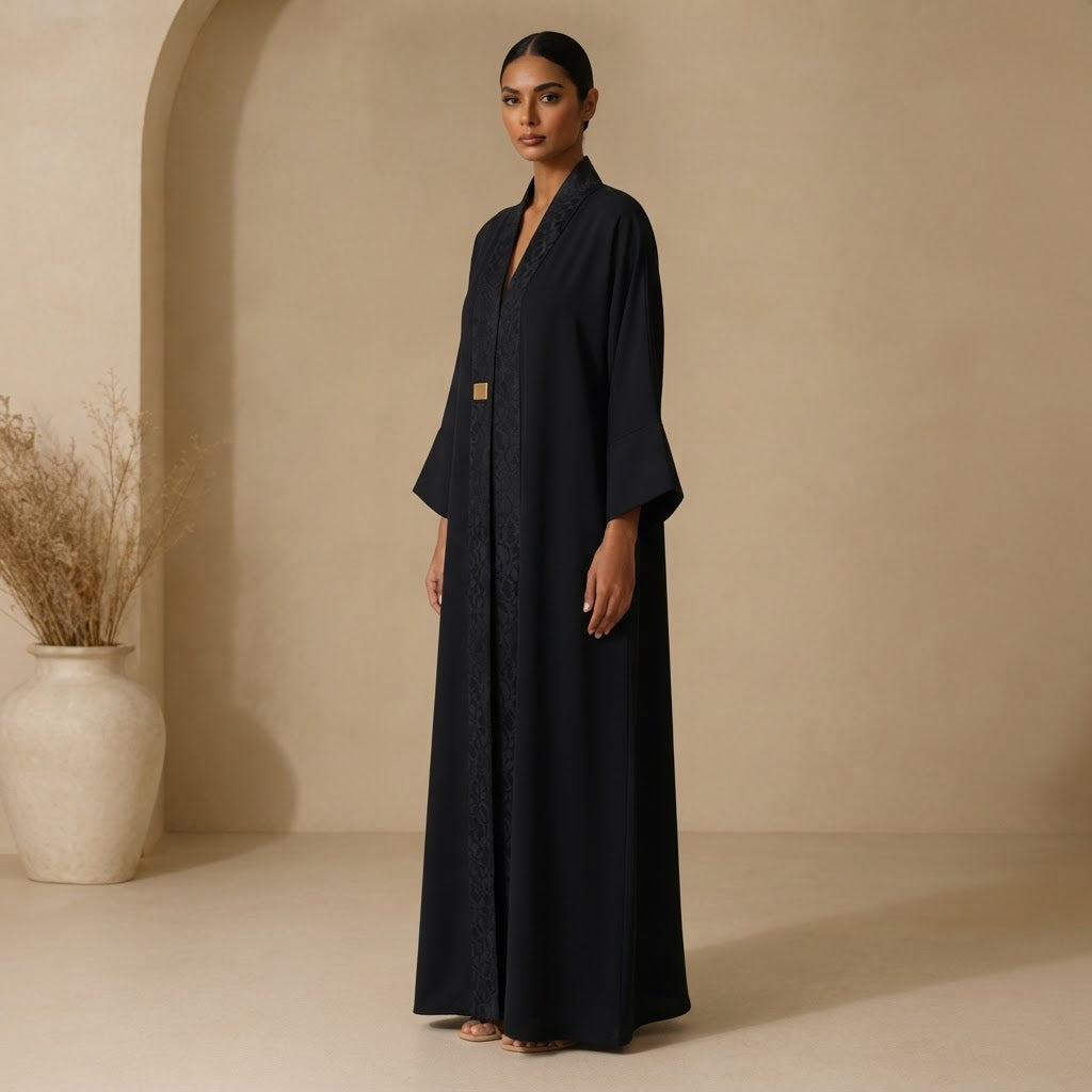 Deep Navy Black Open-Front Abaya with Jacquard Sash