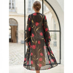 Women's Black Sheer Long Floral Open-Front Jacket Kimono Abaya
