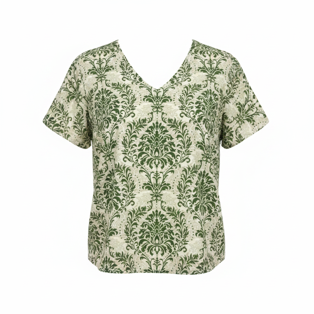 Women's Green Damask Print V-Neck Flutter Sleeve Blouse